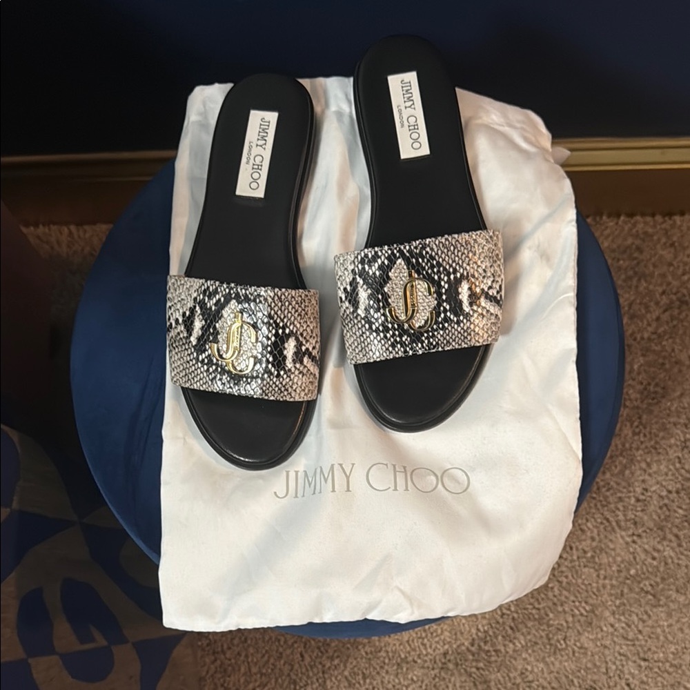 Jimmy Choo Black and Gray Snakeskin Slide Sandals